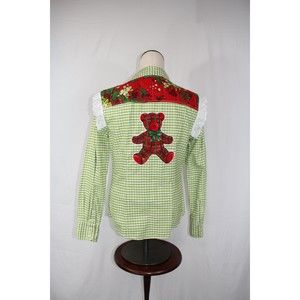 Upcycled Women's Plaid Button Up Shirt Holiday Teddy Bear Vintage Wearable Art